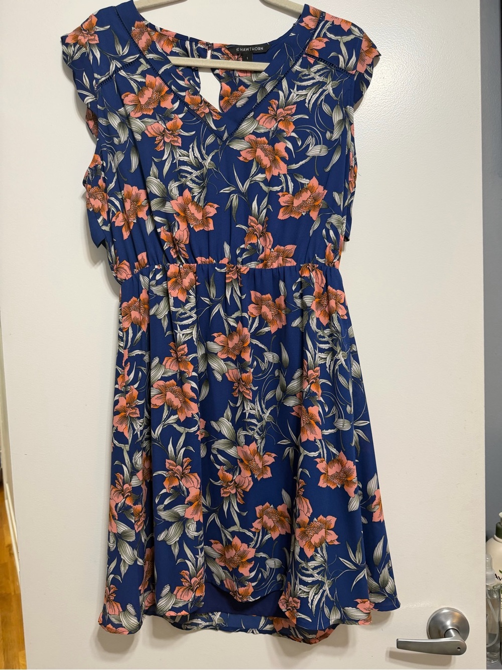 Navy Floral V-Neck Fit & Flare Dress